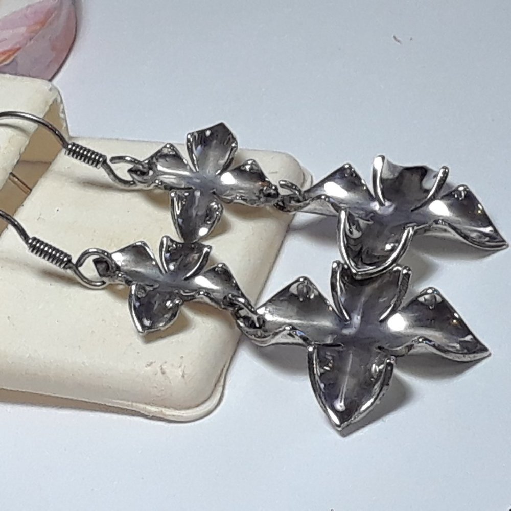 Estate Double Drop 4Leaf Dimensional Flower Sterling 925 French Top Earring17591